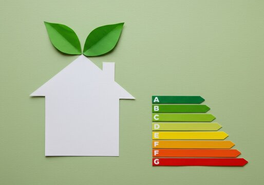 Energy efficiency rating with house and green leaves on light green background - Powered by Adobe