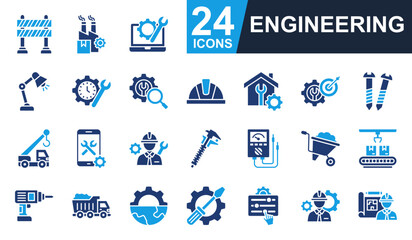 Engineering Icons set vector illustration. Containing manufacturing, real estate, engineer, time management, construction and more. Simple solid icons collection.
