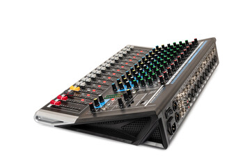 Side view of audio mixing console with clipping path isolated on white background.
