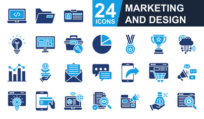 Marketing And Design Icons set vector illustration. Containing folder, idea, tool box, medal, trophy and more. Simple solid icons collection.