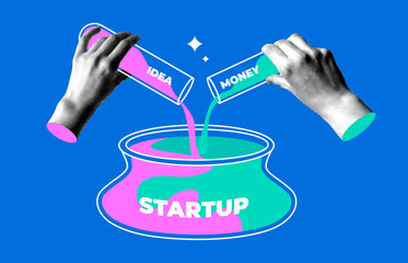 Startup concept. Halftone hands pouring idea and money from test tubes into a common pot. Teamwork concept. Investments in a new business. Common efforts. Components of success. Modern collage