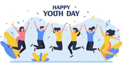 Vidio illustration featuring a diverse group of young people celebrating with dynamic poses and cheerful expressions .. Set For friendship theme and international youth day, with 4k quality