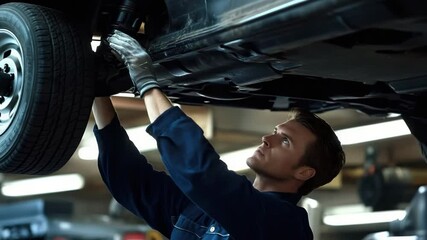 A young qualified mechanic in gloves carefully examines the chassis of a car raised on a lift. A car mechanic carries out diagnostics of a car suspension in a bright service center.