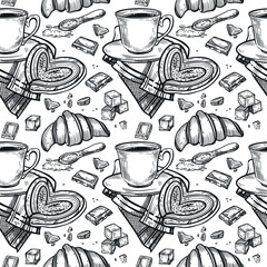 Seamless pattern on the theme of tea drinking, a cup of tea or coffee, a napkin, lump sugar, chocolate slices, sweet buns, croissants. The illustration is suitable for printing on packaging.