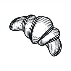 Croissant, sweet bun, French pastry. The illustration is hand-drawn in ink. It is suitable for printing on food packaging, decorating bakeries and confectioneries, printing on fabric, dishes.