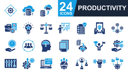 Productivity Icons set vector illustration. Containing automated process, professional portfolio, save time, organization, improvement and more. Simple solid icons collection.