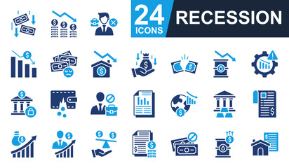 Recession Icons set vector illustration. Containing inflation, fired, economic crisis, crisis management, unemployment and more. Simple solid icons collection.