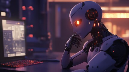 Futuristic Robot Contemplating Data with Glowing Eyes and Keyboard in Dimly Lit Room
