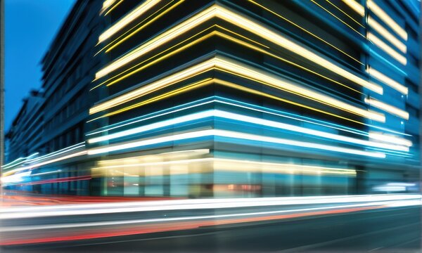 Night City Building with Light Trails and Motion Blur