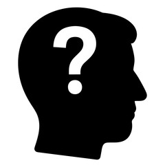 Flat black vector icon of human head and brain silhouette with question mark inside, symbolizing confusion, hesitation, and outline design PNG