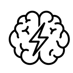 Flat black vector icon of human head and brain silhouette with lightning bolt inside, symbolizing burst of creativity, energy, and outline design PNG