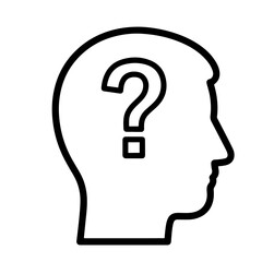 Flat black vector icon of human head and brain silhouette with question mark inside, symbolizing confusion, hesitation, and outline design PNG