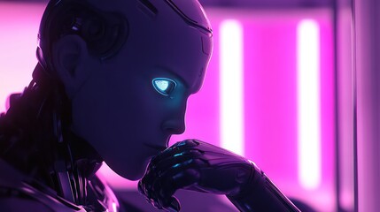 Futuristic Robot's Contemplative Pose with Glowing Eye and Neon Pink Backdrop