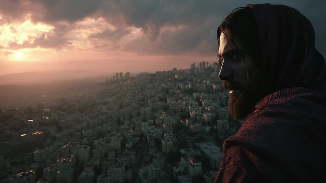 Photorealistic portrayal of Jesus overlooking a sprawling city at sunset, evoking deep emotion and reflection, reminiscent of biblical lamentations over Jerusalem from luke 19:41-44.