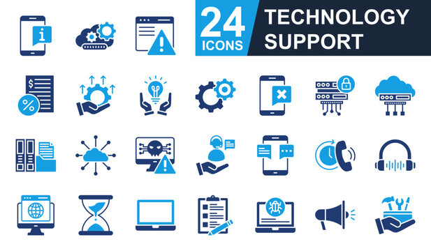 Technology Support Icons set vector illustration. Containing information, update, optimization, cloud computing, network and more. Simple solid icons collection.