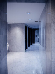 Marble tiled corridor in a public restroom with sleek black stall doors recessed ceiling lights and reflective walls leading past a white urinal