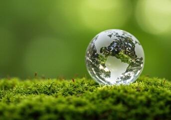 Glass globe on mossy surface against a green background, symbolizing nature