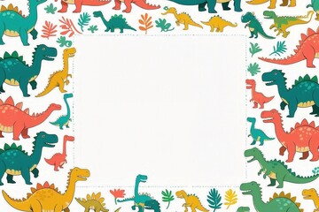 Cute Cartoon Dinosaur Frame for Kids with Colorful Prehistoric Creatures and Leafy Decorations on White Background