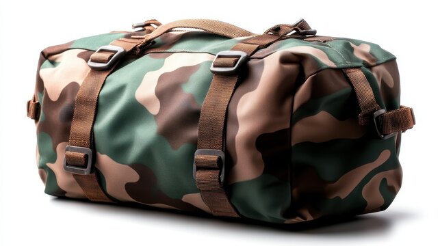 A sturdy camouflage bag designed for both outdoor adventures and daily use, showcasing its functional style and rugged appeal against a clean backdrop.