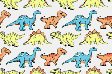 Dinosaur seamless pattern. Hand drawn vector dinosaurs with background view. Pattern with Tyrannosaurus Rex, Stegosaurus, Brachiosaurus, Triceratops, and Pterodactyl cartoons © MihirKumarMondal