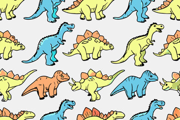 Dinosaur seamless pattern. Hand drawn vector dinosaurs with background view. Pattern with Tyrannosaurus Rex, Stegosaurus, Brachiosaurus, Triceratops, and Pterodactyl cartoons © MihirKumarMondal