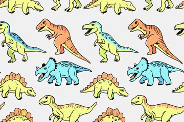 Dinosaur seamless pattern. Hand drawn vector dinosaurs with background view. Pattern with Tyrannosaurus Rex, Stegosaurus, Brachiosaurus, Triceratops, and Pterodactyl cartoons