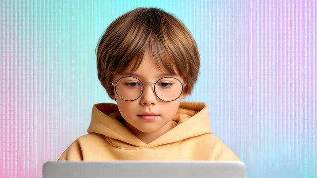 Young child with glasses focused on a laptop screen, binary code rain background , learning about technology wanna be a programmer,  Educational and digital concept.