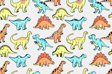 Dinosaur seamless pattern. Hand drawn vector dinosaurs with background view. Pattern with Tyrannosaurus Rex, Stegosaurus, Brachiosaurus, Triceratops, and Pterodactyl cartoons