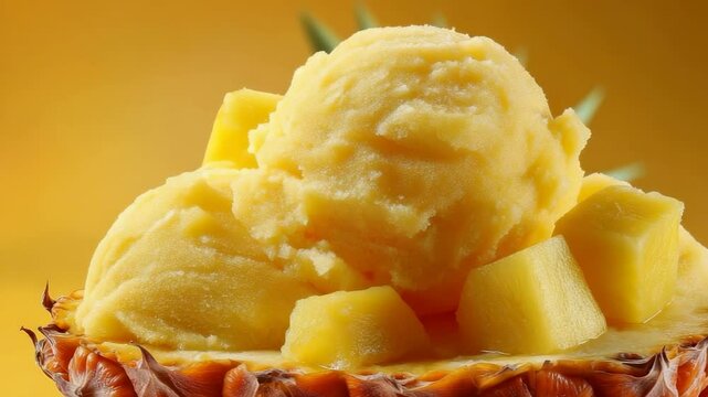 Delicious tropical dessert made from fresh pineapple and creamy sorbet on a sunny day at the beach