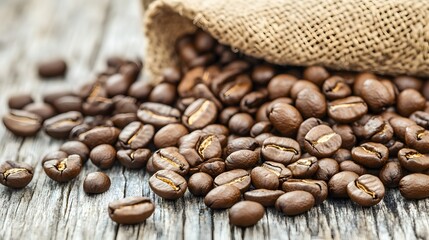Fototapeta premium Roasted Coffee Beans Spilling from Burlap Sack