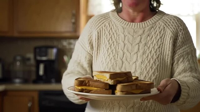 Woman in sweater holding a plate stacked with grilled cheese sandwiches in a kitchen setting