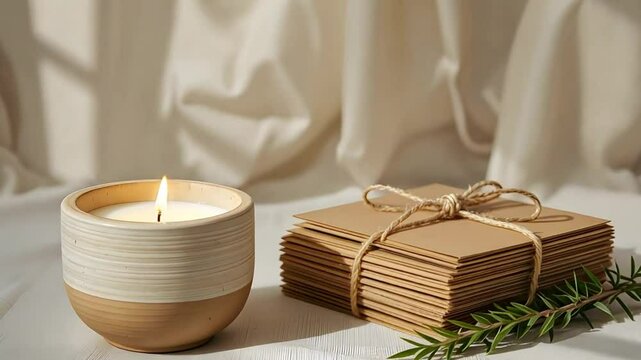 Softly lit scene featuring a burning candle next to a stack of kraft paper envelopes tied with twine and a sprig of greenery