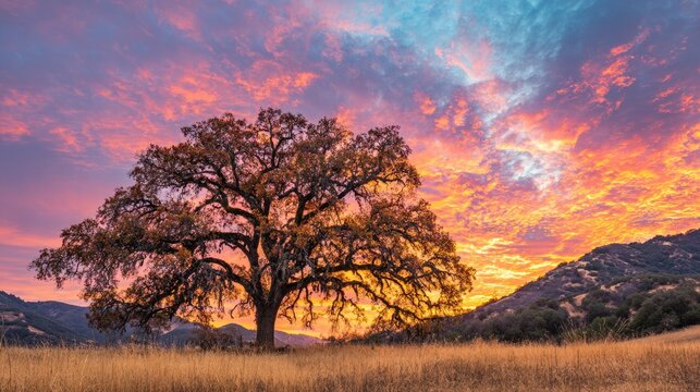 Fiery clouds swirl behind the strong form of an oak tree in a peaceful field at dusk