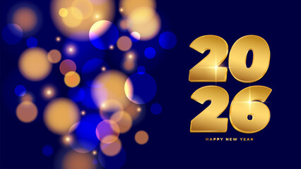 2026 Happy New Year festive banner. Gold and blue colors. New Year 2026 holiday background. Bright bokeh lights. Vector illustration.