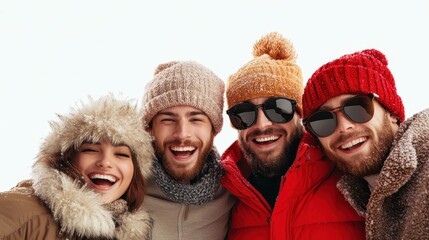 A cheerful group of friends bundled in winter attire, smiling broadly in a snowy landscape, capturing the warmth of camaraderie and joy amidst the cold winter scenery.