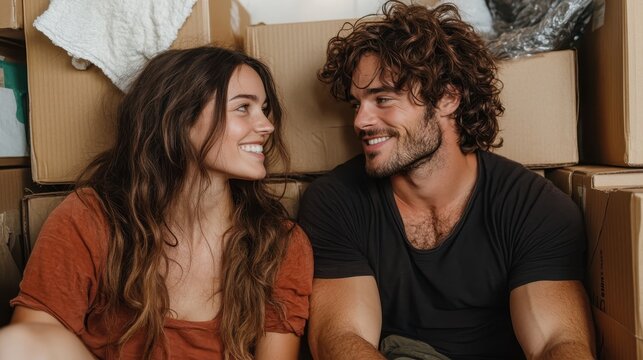 A joyful couple sharing a moment of happiness while surrounded by packed moving boxes, symbolizing love, companionship, and the excitement of new beginnings.