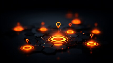 Orange location icons and concentric glowing circles on a hexagonal grid.