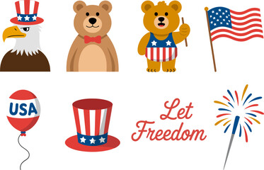 Freedom mascot doodle set. Eagle, bear, cupcake, top hat, and firework with red white blue pieces for adorable July 4th designs  