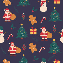 Seamless vector Christmas pattern with Santa Claus, deer,ornaments,present,candy cane. Christmas background for print,fabric,textile,wrapping paper,wallpapers,festive decorations.