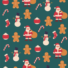 Naklejka premium Seamless vector Christmas pattern with Santa Claus, deer,snowman,gingerbread man and candy cane. Christmas background for print,fabric,textile,wrapping paper,wallpapers,festive decorations.