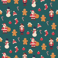 Naklejka premium Seamless vector Christmas pattern with Santa Claus, deer,snowman,gingerbread man and candy cane. Christmas background for print,fabric,textile,wrapping paper,wallpapers,festive decorations.