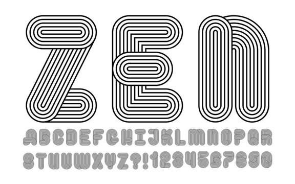 Number and letter bold design, vector striped pattern shapes. Geometric typeface with modern japan garden Zen aesthetics. Modern line monogram for optical illusion. Retro knot logo, curved shape font
