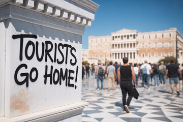 Graffiti reading "Tourists go home" on white wall overlooking sunny plaza crowded with tourists