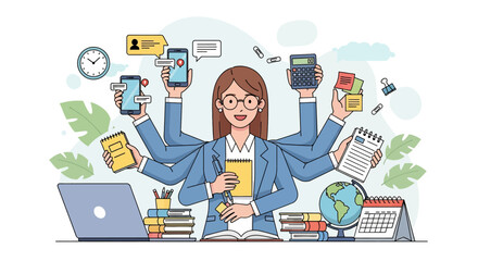 Adobe illustrator artwork vector illustration of a businesswoman multitasking. A concept of corporate efficiency, productivity, workload management, and professional skill in a flat modern style