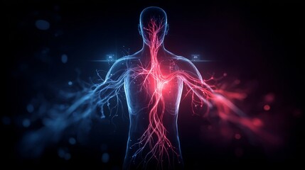 Human anatomical model showing vascular system highlighted in red and blue.
