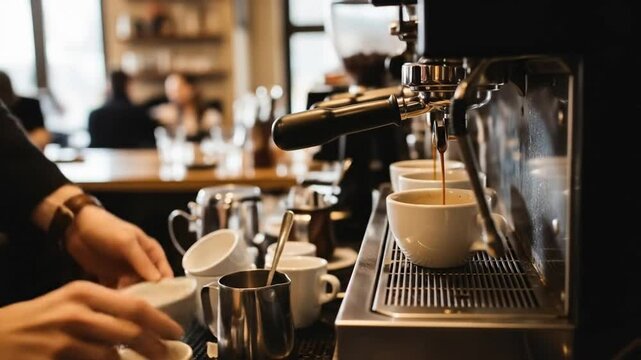 Coffee preparation at cafe barista station
