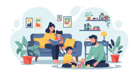 Adobe illustrator artwork vector illustration of happy family time at home. Parents and children spend a weekend together, playing with educational block toys and using a tablet in a cozy living room