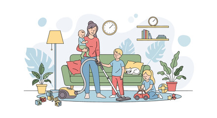 Adobe illustrator artwork vector illustration of a mother cleaning the house with kids. A busy multitasking mom vacuums while caring for her baby, son, and daughter in a cozy living room.