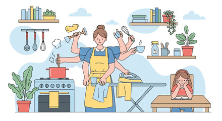Adobe illustrator artwork vector illustration of a multitasking mother with kids. A supermom with many arms does housework, cooking, and ironing while her daughters study. Domestic life concept.