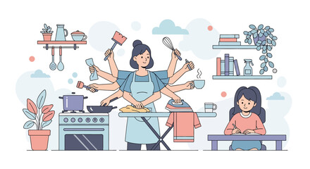 Adobe illustrator artwork vector illustration of a multitasking mother with kids. A supermom with many arms does housework, cooking, and ironing while her daughters study. Domestic life concept.